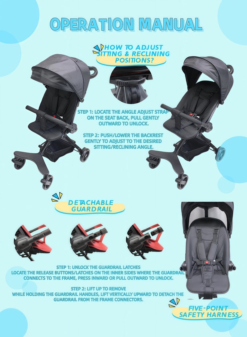 EASY FUTURE Two-way Foldable Ultra Lightweight Travel Stroller with Multi Position Reclining Seat Adjustable Canopy Foldable Storage Basket Foldable Gear for Airplane NO.1101 - Image 5